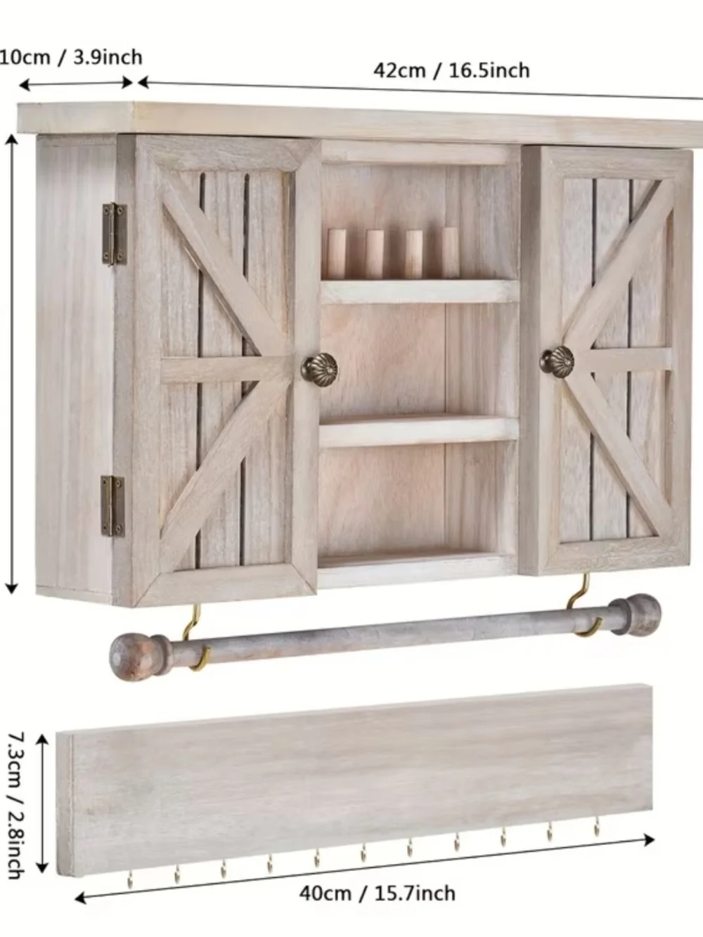 Wood Wall Jewelry Organizer Cabinet with Mesh Doors, Bar, Amand Hook- White Wash